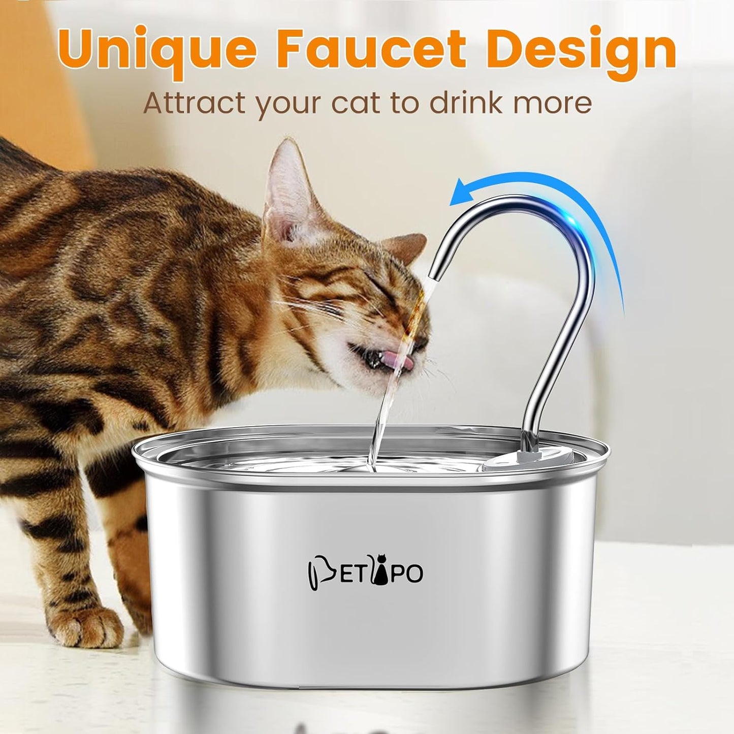 Stainless Steel Pet Water Fountain - Oval water tank