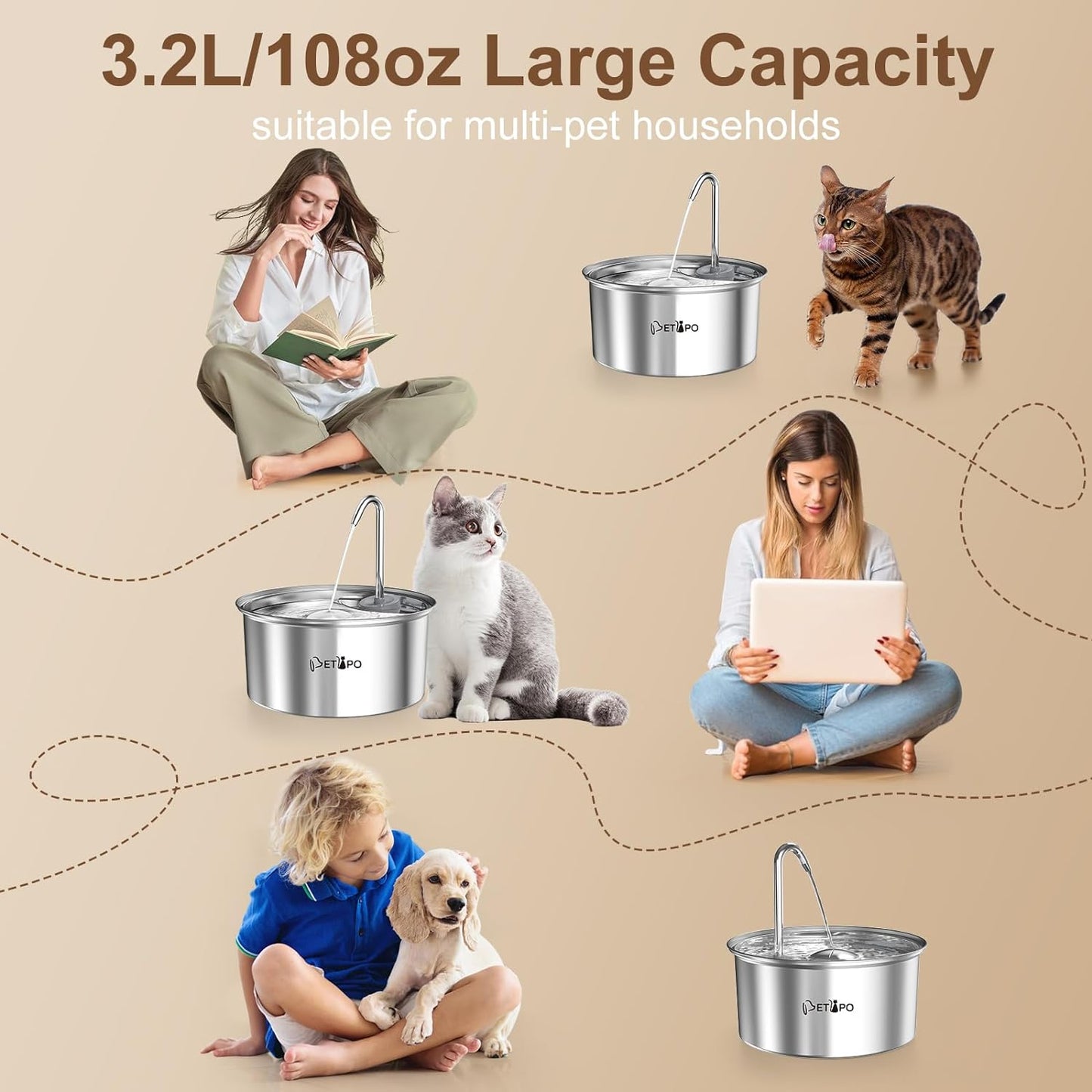 Stainless Steel Pet Water Fountain - Round water tank