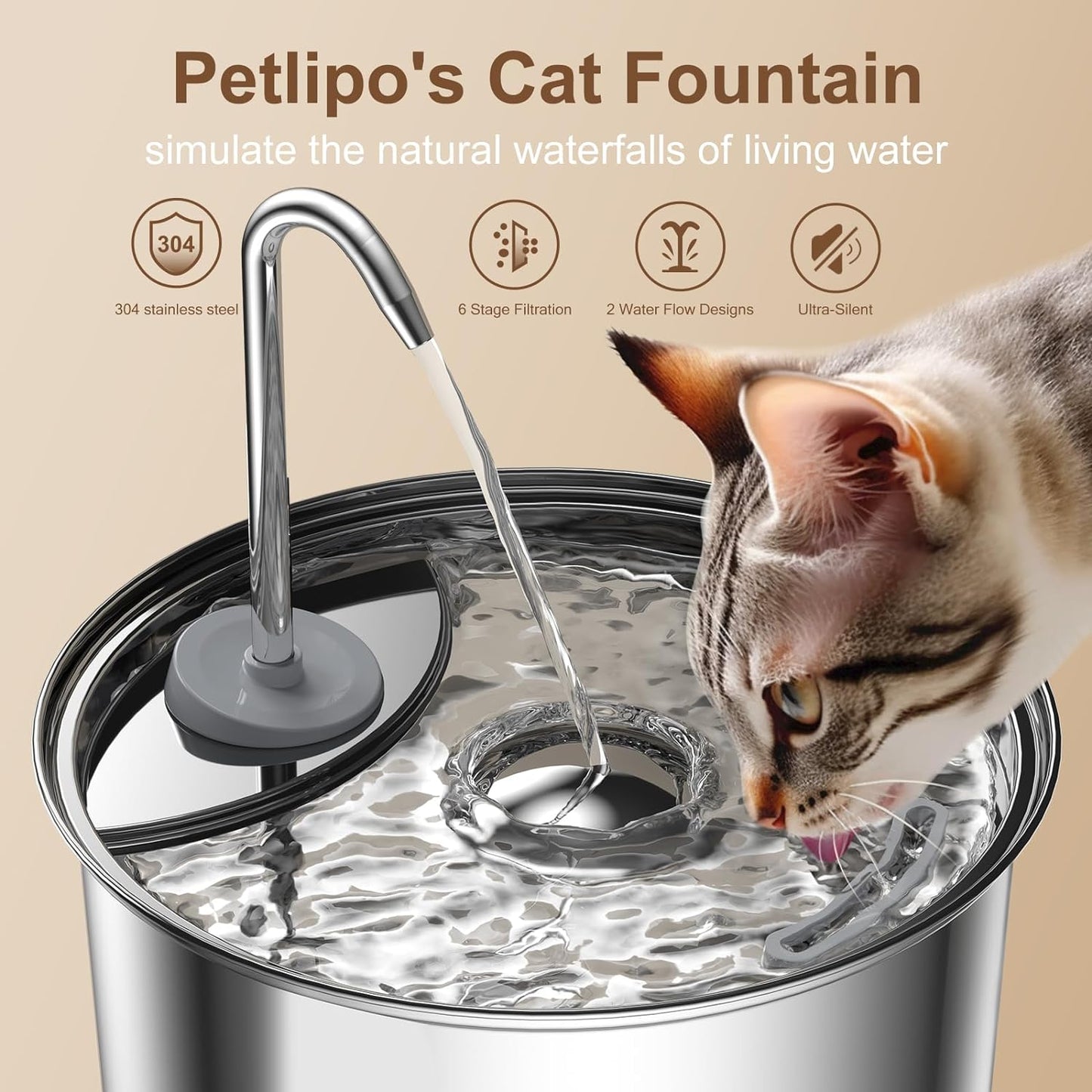 Stainless Steel Pet Water Fountain - Round water tank