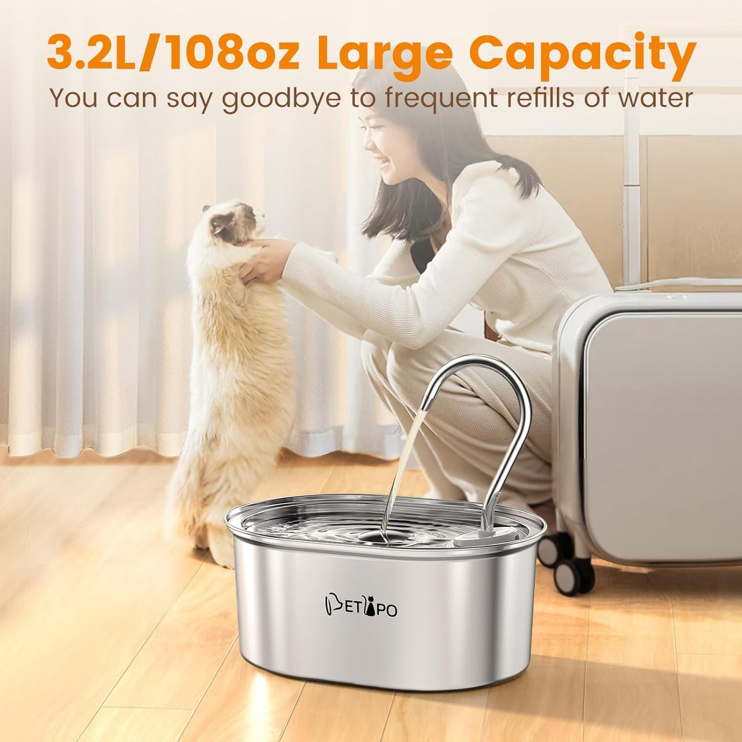 Stainless Steel Pet Water Fountain - Oval water tank